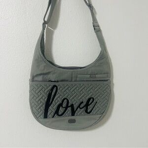 Lug Green/Gray Embroidered Love Quilt Like Nylon Shoulder Bag Compartments NWOT